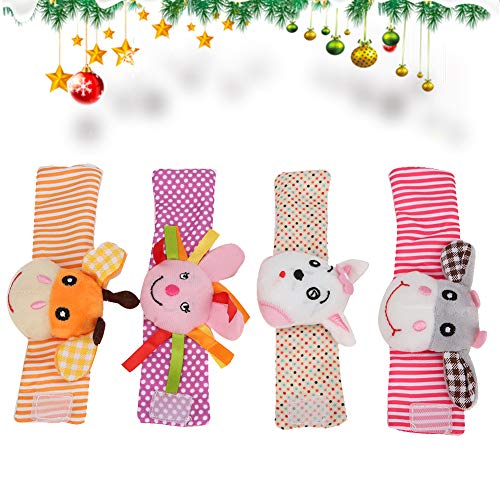 Summer Enjoyment Rattle Wrist Toy, Wrist Rattles Cartoon Animal Pattern Rattle Wrist Bands Toy for 02 Years Old Baby(011+013)