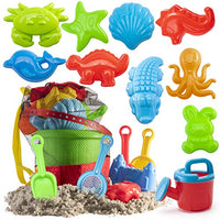 Prextex 19 Piece Beach Toys Sand Toys Set, Bucket with Sifter, Shovels, Rakes, Watering Can, Animal and Castle Molds in Drawstring Bag