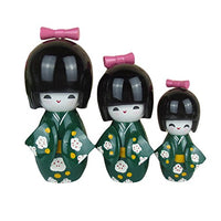 Phoenix Wonder 3 Pcs Lovely Japanese Doll Kimono Wooden Kokeshi Toy Girl Ornaments for House & Office Decoration,Green