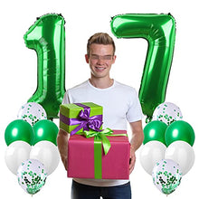 Load image into Gallery viewer, Yijunmca Green 17 Number Balloons Kit Jumbo Number 17 32&quot; Helium Hanging Balloon Foil Mylar Confetti Latex Balloon for Boys Girls 17th Birthday Party Supplies 17 Anniversary Events Decoration
