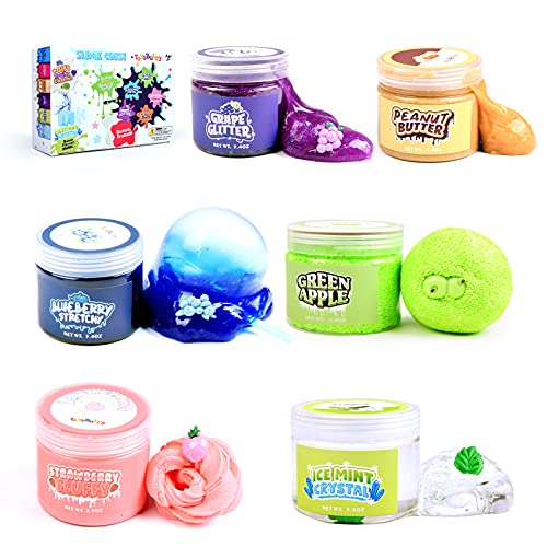 FINOCLAY Slime Kit for Girls Boys, 6 Pack Different Scented & Premade Slimes in 28 oz Containers with Fruit Charms, Fluffy, Glitter, Butter, Clear Crystal Slime, Art & Crafts Gift for Kids