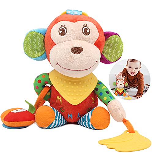 Bloobloomax Baby Car Seat Toys, Infant Soft Plush Rattle, Cute Animal Doll,Early Development Hanging Stroller Toys for Newborn Boys Girls Gifts (Monkey)