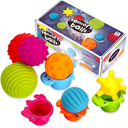 Sensory Balls for Kids - Textured Multi Ball Set for Babies & Toddlers, 6 Colorful Soft and Squeezy Tactile Sensory Toys with Stacking Cups - Stress Relief Toy for Kids & Sensory Balls for Toddlers