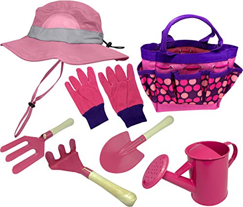 Kids Garden Set & Bucket Hat Combo: Real Metal Tools & Wooden Handles; Shovel, Rake & Pitch Fork, Pitcher, Gloves & Carrying Bag. Sure-Fit Adjustable Hat with Chin Strap & Ventilation Panels. Pink S/M