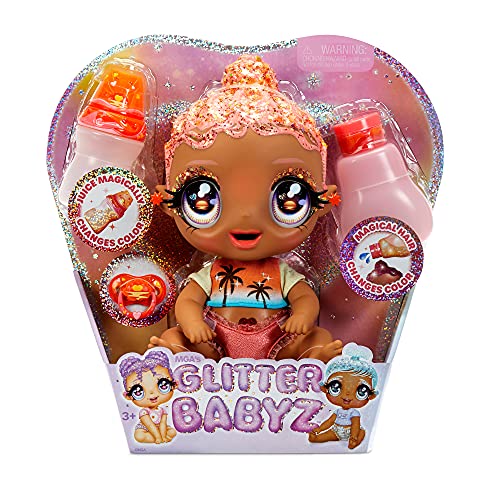 MGA'S Glitter BABYZ Solana Sunburst Baby Doll with 3 Magical Color Changes, Coral Pink Hair, Tropical Sunset Outfit, Diaper, Bottle, Accessories- Gift for Kids, Toy for Girls Boys Ages 3 4 5+ Years