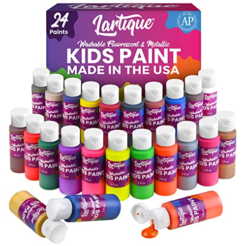 Lartique Washable Paint for Kids - 24 Colors Finger Paint, Regular, Fluorescent and Metallic Kids Paint Set, Safe Non-Toxic Tempera Paint - 2-Ounce Bottles Made in the USA