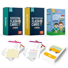 Load image into Gallery viewer, merka Educational Flashcards Bundle: Travel Scavenger Hunt Game (96 Cards), Multiplication Facts (169 Cards) and Division Facts (169 Cards)  Learning Resources for Kids Aged Toddler to Teen
