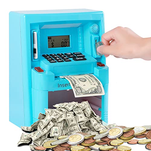 EOBTAIN ATM Piggy Bank for Real Money ATM Savings Bank for Adults Kids Personal ATM Machine Blue Mini ATM Toy Small ATM Saving Bank Electronic ATM Cash Coins Home ATM Safe