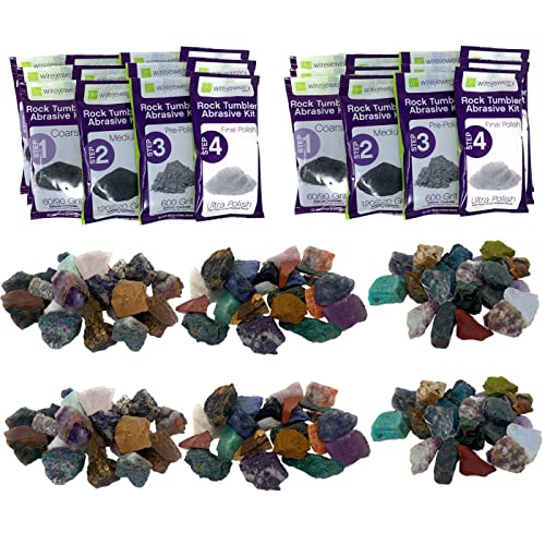 WireJewelry World Stone Mix Rock Tumbler Refill Kit - 3 Lbs. Each of Asia, Brazil and Madagascar Stone Mixes and 6 Batches of 4 Step Abrasive Grit and Polish