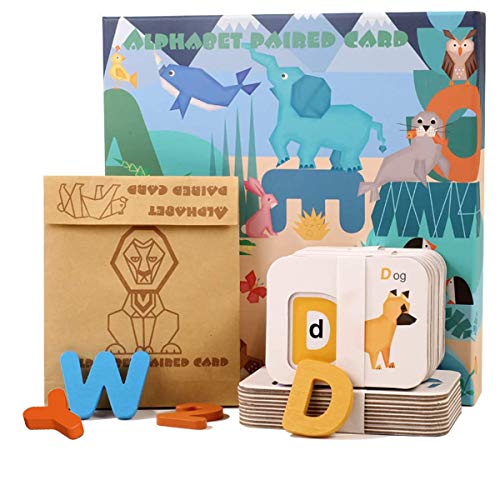 Kid Alphabet Number Animal Matching Flash Cards Set with ABC Wooden Block Preschool Learning Game Montessori Animal Learning Toys Wooden Matching Puzzle See and Spell Flash Card for Toddler 46 pcs
