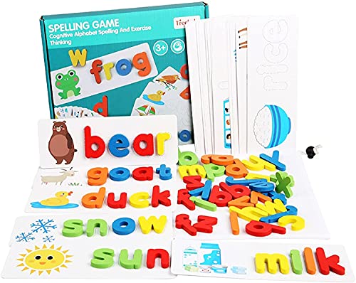 Wooden Toddler See and Spelling Learning Toy Matching Alphabet Word Game with 56 Different Words on 28 Two-Sided Cognitive Cards Letter Jigsaw Puzzle Toys for Kids Montessori Preschool Education