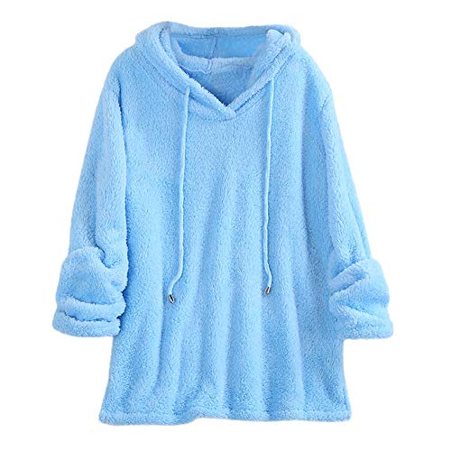 Amiley Women Fall Hoodies,Women Soft Fluffy Fur Hoodie Drawstring Solid Pullover Hooded Sweatshirt (Small, Blue)