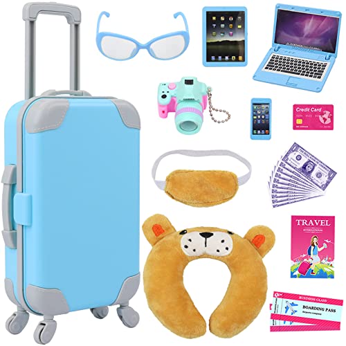 ZITA ELEMENT 22 Pcs 18 Inch Boy Doll Clothes Suitcase Set for 18 Inch Boy Doll Accessories Travel Carrier Storage, Including Suitcase Pillow Blindfold Sunglasses Camera Computer