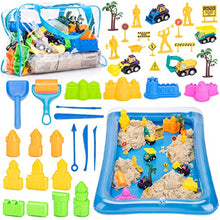 Load image into Gallery viewer, Play Sand for Kids, 3lbs Magic Sand, Building Castle Sand Molds Tools, Construction Trucks, Construction Toys and Signs, Sand Tray and Storage Bag, 43PCS Sandbox Toys Set for Toddlers Kids Boys Grils
