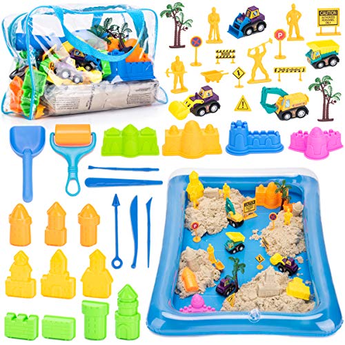 Play Sand for Kids, 3lbs Magic Sand, Building Castle Sand Molds Tools, Construction Trucks, Construction Toys and Signs, Sand Tray and Storage Bag, 43PCS Sandbox Toys Set for Toddlers Kids Boys Grils