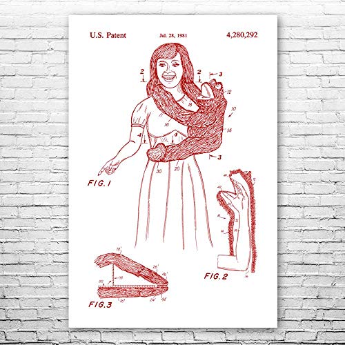Patent Earth Monkey Hand Puppet Poster Print, Toy Store Art, Puppet Decor, Ventriloquist Gift, Puppet Wall Art, Puppet Design Red & White (11 inch x 17 inch)