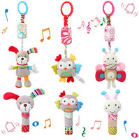 6 Pcs Baby Hanging + Hand Rattles Toys, Soft Crinkle Squeaky Sensory Learning Toy, Plush Animals Ring Stroller Infant Car Bed Crib Travel Activity Hanging Wind Chime for Babies Toddlers