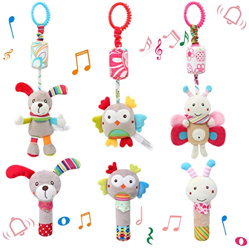 6 Pcs Baby Hanging + Hand Rattles Toys, Soft Crinkle Squeaky Sensory Learning Toy, Plush Animals Ring Stroller Infant Car Bed Crib Travel Activity Hanging Wind Chime for Babies Toddlers