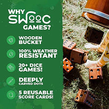 Load image into Gallery viewer, SWOOC Games - Yardzee, Farkle &amp; 20+ Games - Giant Yard Dice Set (All Weather) with Wooden Bucket, 5 Big Laminated Score Cards, and Dry Erase Marker - Jumbo Backyard Lawn Games
