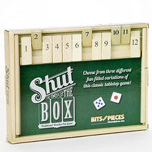 Load image into Gallery viewer, Bits and Pieces - Wooden Shut The Box 12 Dice Game Board - Classic Tabletop Version of The Popular English Pub Game - Measures 7-3/4&quot; x 14&quot; x 1-1/4&quot; Includes 2 dice and Instructions
