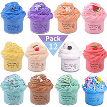 Load image into Gallery viewer, Keemanman 12 Pack Butter Slime Kit with Blue Stitch, Elephant, Unicorn, Watermelon, Lemon, Peach, O-REO, Cherry, Latte, Coffe and Candy Charms, Scented DIY Slime, Stress Relief Toy for Girls and Boys
