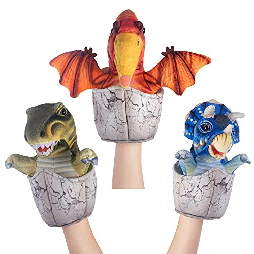 My OLi 9.5Plush Dinosaur Hand Puppet Bundle 3 Pack of Stuffed Dinosaur with Egg for Creative Role Play Gift for Kids Toddlers Birthday Party Favor Supplies,Imaginative Play