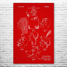 Load image into Gallery viewer, Hand Puppet Masks Poster Print, Puppet Design, Toy Collector Gift, Puppet Wall Art, Ventriloquist Gift, Puppet Blueprint Red Fabric (16 inch x 20 inch)
