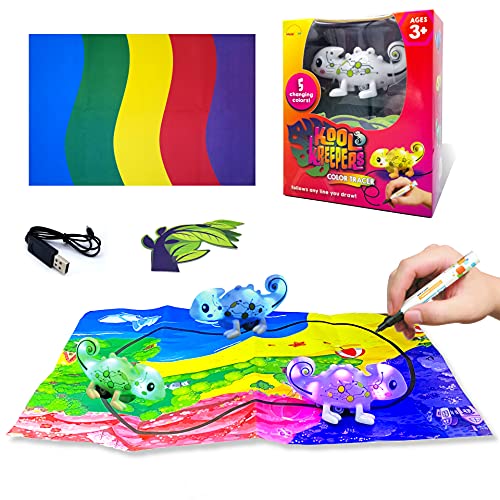 MUKIKIM Kool Kreepers - Color Tracer Chameleon. Inductive STEAM Toy for 3+ Year Old Girls & Boys. Follow Line + 5 LED Changing Colors / Sounds Lizard Toy for Kids