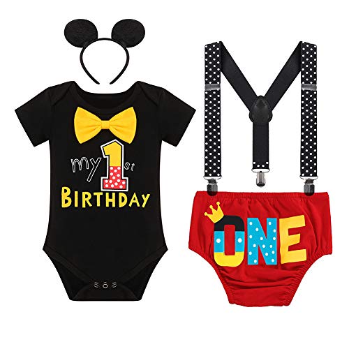 Baby Boy 1st Birthday Cake Smash Outfits Mouse Photo Costume Romper+Suspenders+Shorts+Headband 20: Black 1st 6-12M