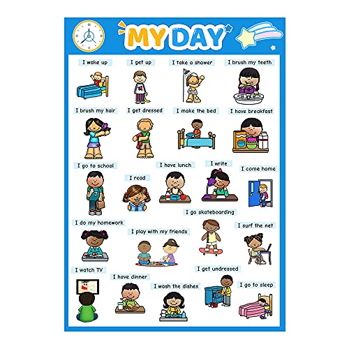 Richardy My Day English Learning Poster Daily Routines Educational Learning Toys Growth Mindset Classroom Decoration Teaching Aids Flashcards 1 Sheet A4 Size 11.69X8.26 Inch