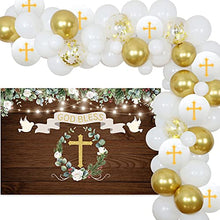Load image into Gallery viewer, Baptism Party Decorations White and Gold First Holy Communion Decorations for Boys Girls Balloon Garland Kit with Rustic Wood Backdrop, God Bless Christening Decorations for Party
