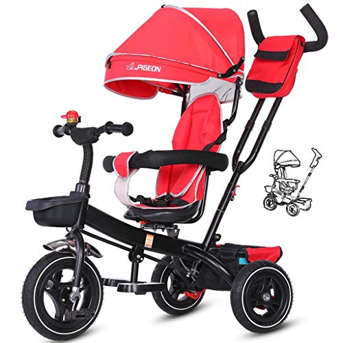 Moolo Children Kids Trike Tricycle Swivel Seat Reclining Backrest 4 in 1 Awnings Canopy Outdoor Boys Girls 1-3-6 Years (Color : Red)