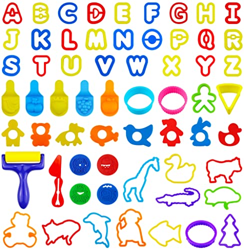 FRIMOONY Plastic Dough Tools for Kids, with Capital Letters, Cookie Cutters, Stamps, Multi-Color, 61 Pieces