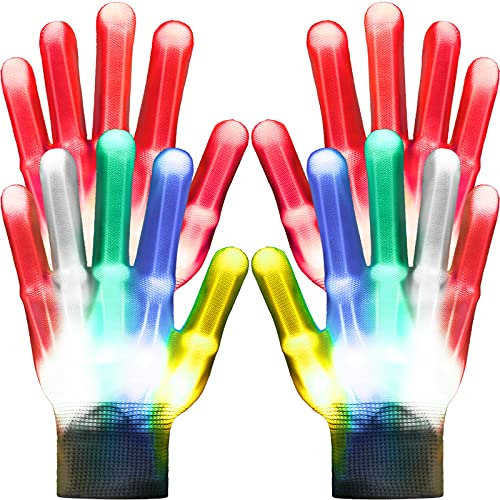 2 Pairs Kids LED Finger Light Gloves LED Festival Light Glove for 3-12 Fingertips Flashing Birthday Party (Rainbow, Red)