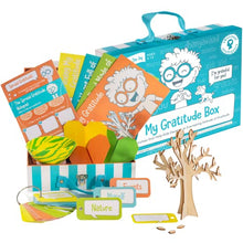Load image into Gallery viewer, Open The Joy My Gratitude Box, Activity Box Includes A Wooden Building Project, Clay Bowl Project, Origami Projects, Notepad for Journaling, and Gratitude Cards - Ages 4+
