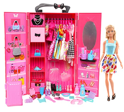 Miunana Lot 69 pcs for 11.5 inch Girl Doll Clothes Set Red Wardrobe with Clothes and Accessories Include Trunk Clothes Crown Necklace Shoes Hanger Bags and Other Accessories (Not Include The Doll)