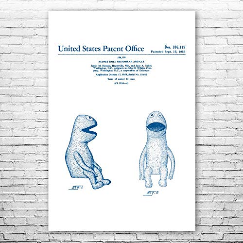 Patent Earth Wilkins Puppet Poster Print, Puppeteer Gift, Puppet Design, Puppet Wall Art, Vintage Puppet, Toy Collector Gift Blue & White (16 inch x 20 inch)