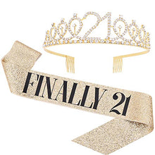 Load image into Gallery viewer, &quot;Finally 21&quot; Sash &amp; Rhinestone Tiara Set - 21st Birthday Gifts Birthday Sash for Women Fun Party Favors Birthday Party Supplies (Gold Glitter with Black Lettering)
