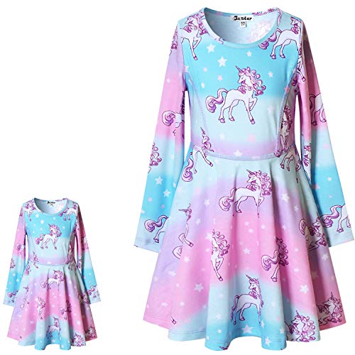 Long Sleeve Unicorn Dresses for Girls Kids Matching 18 inch American Doll,Size 10 11