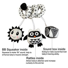 Load image into Gallery viewer, Hanging Toys for Car Seat Crib Mobile, Infant Baby Spiral Plush Toys for Crib Bed Stroller Car Seat Bar - Black and White Color Toy with Rattles Owl BB Squeaker Sun
