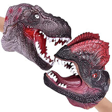 Load image into Gallery viewer, FUN LITTLE TOYS Dinosaur Hand Puppets Toys, Tyrannosaurus Rex VS Dilophosaurus Dino Hand Puppet for Kids, Soft Rubber Animal with Movable Mouth, Christmas Birthday Party Supply Gifts
