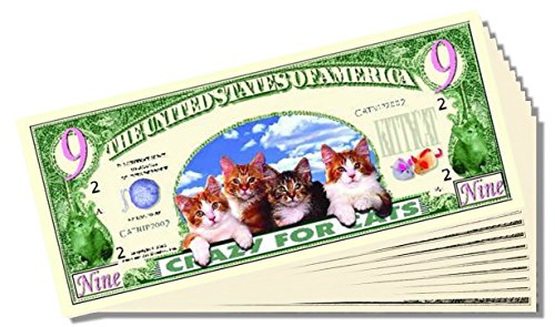 Crazy for Cats Novelty 9(Lives) Dollar Bill - 10 Count with Bonus Clear Protector & Christopher Columbus Bill