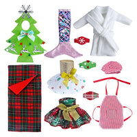 ANLIONYE 10Pcs Santa Couture Christmas Elf Doll Clothes Christmas Doll Clothing Costume Accessories Includes Sleeping Bag, Bathrobe, Skirts, Mermaid, Apron and Chef Cap