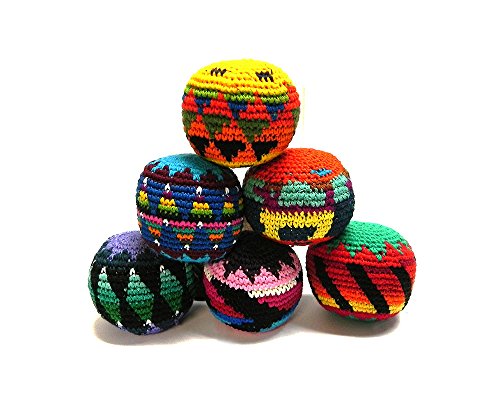 Multicolored Crochet Assorted Geometric Pattern Hacky Ball Foot Bag Kick Sack - Handmade Gifts Tribal Guatemalan Toys - Wholesale Set of 3, 6, 12, or 24 (Set of 6)