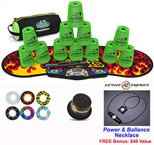Load image into Gallery viewer, Speed Stacks Combo Set &#39;The Works: 12 NEON Green 4&quot; Cups, Black Flame Gen 3 Mat, G4 Pro Timer, Cup Keeper, Stem, Gear Bag + Active Energy Necklace
