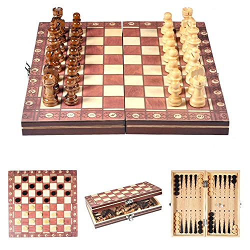 LANGWEI 3 in 1 Wooden Magnetic Chess Set, Folding Chess Checkers Backgammon Set, Portable Travel Chess Game Board Interior for Storage,9.4