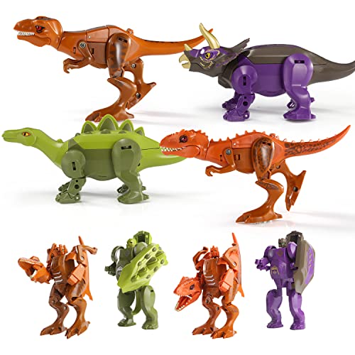 SNAEN 4 Pack Transform Robot Dinosaur Toy for Boys & Girls, 2 in 1 Jurassic Dino Action Figures, Transformed Rescue Bots Dinosaurs T-rex Triceratops, Great Gift for Kids 3 4 5 6 7 Years