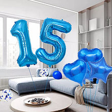 Load image into Gallery viewer, Yijunmca Blue 15 Number Balloons Kit Jumbo Number 15 32&quot; Helium Hanging Balloon Foil Mylar Confetti Latex Balloon for Boys Girls 15th Birthday Party Supplies 15 Anniversary Events Decoration
