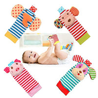 BLOOBLOOMAX Baby Infant Rattle Socks Toys, Sock rattles for Babies 0-24 Months Baby Animal Foot Finder Learning Toy (Cotton A)