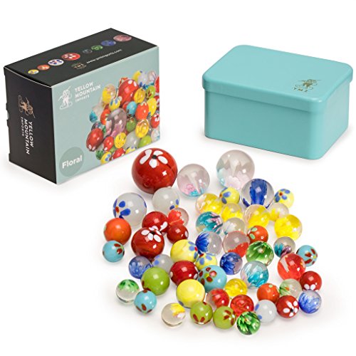 Yellow Mountain Imports Collector's Series Assorted Marbles Set in Tin Box, Floral